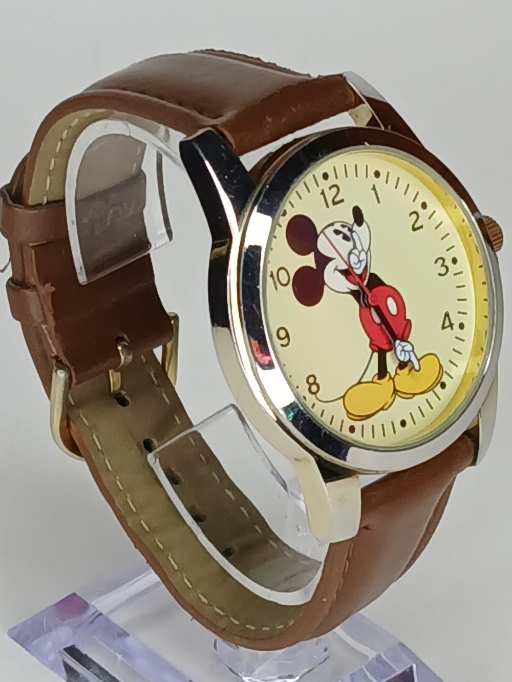 Disney Mickey Mouse Brown Leather Strap Watch with Yellow Dial